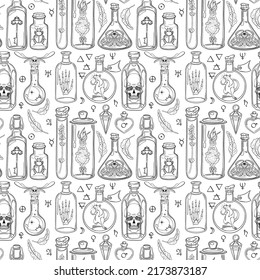 Magic hand drawn seamless pattern on white background. Vector pattern with alchemy bottles, sculls, insects, rat, mandrake, mystic and occult elements, alchemy and zodiac sings and celestial symbols.