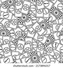 Motif magique harmonieux dessiné à la main sur fond blanc. Image vectorielle motif fantastique harmonieux avec cartes de tarot incluant tous les symboles de l'oeil, des pentacles, des tasses, des épées et des baguettes.