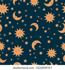 Magic hand drawn seamless pattern with the crescent moon and the sun with faces. Vector cute wallpaper. Background with stars in doodle style