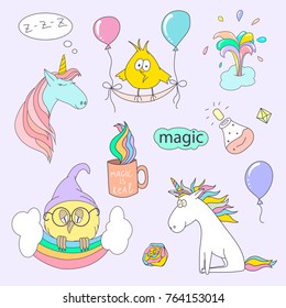 Magic hand drawn set - unicorn, rainbow and owl