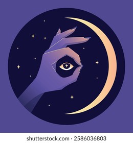 Magic hand with eye on the background of starry sky and crescent moon