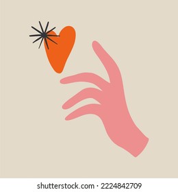 Magic hand and heart. Cute postcard for Valentine's Day. Flat design, cartoon.