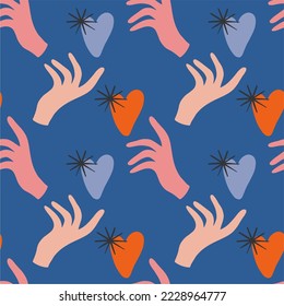 Magic hand and heart on a blue background. Cute fairy tale card for Valentine's Day. Seamless pattern. Flat design, cartoon.