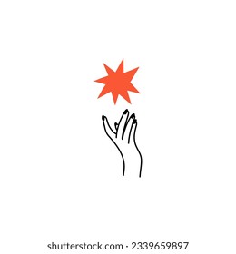 Magic hand hold star. Feminine tattoo, logotype or emblem. Esoteric fashion monogram. One line female arm, woman logo. Vector elegant design