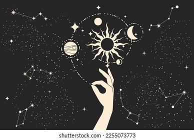 Magic hand holds galaxy spiral, constellation in night sky, space and astrology sorcery, vector