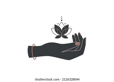 Mano mágica con flor de loto al estilo boho. Símbolo celeste de alquimia de color negro y dorado para crear nombre o logotipo de marca. Elemento de diseño estético y místico. Ilustración del vector