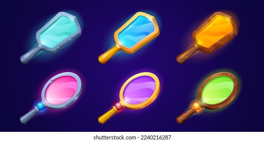 Magic hand mirrors with wooden, silver and gold frame. Fairytale vintage mirrors with colored reflection, metal, golden and wood border, vector cartoon illustration