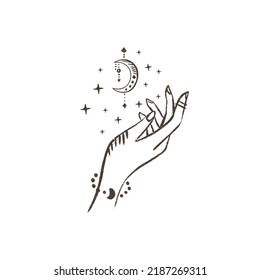 Magic hand with moon. Celestial and mystical moon for branding logo cosmetics and beauty products. Esoteric and mystical design elements.Hand drawn Vector illustration. 