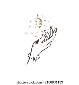 Magic hand with moon. Celestial and mystical moon for branding logo cosmetics and beauty products. Esoteric and mystical design elements.Hand drawn Vector illustration. 