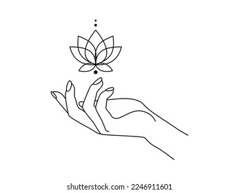 Magic hand with sacred lotus flower line art. Alchemy spiritual tribal symbol for emblem yoga wellness and meditation school. Esoteric and mystical design element. Contour Vector illustration