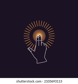 Magic hand searching faith and God, touching celestial light. Enlightenment, consciousness and finding spiritual energy concept. Abstract sacred religious symbol. Flat graphic vector illustration