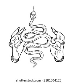 Magic hand and snake. Fortune telling concept. Spiritual Palmistry symbol logo and temporary tattoo. Esoteric mystical black silhouette serpent for magic witch craft. Vector outline illustration.