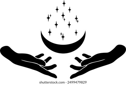 Magic hand with stars. Celestial and mystical stars for branding logo cosmetics and beauty products. Esoteric and mystical design elements.Hand drawn Vector illustration.