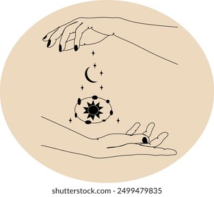 Magic hand with stars. Celestial and mystical stars for branding logo cosmetics and beauty products. Esoteric and mystical design elements.Hand drawn Vector illustration.