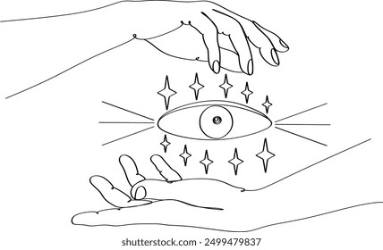 Magic hand with stars. Celestial and mystical stars for branding logo cosmetics and beauty products. Esoteric and mystical design elements.Hand drawn Vector illustration.