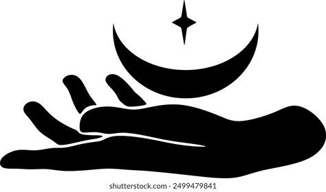 Magic hand with stars. Celestial and mystical stars for branding logo cosmetics and beauty products. Esoteric and mystical design elements.Hand drawn Vector illustration.