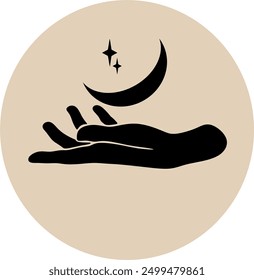 Magic hand with stars. Celestial and mystical stars for branding logo cosmetics and beauty products. Esoteric and mystical design elements.Hand drawn Vector illustration.