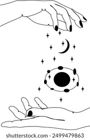 Zauberhand mit Sternen. Himmelssterne und mystische Sterne für Markenlogo Kosmetik und Beauty-Produkte. Esoterische und mystische Gestaltungselemente.Handgezeichnete Vektorgrafik.