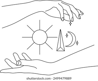 Magic hand with stars. Celestial and mystical stars for branding logo cosmetics and beauty products. Esoteric and mystical design elements.Hand drawn Vector illustration.