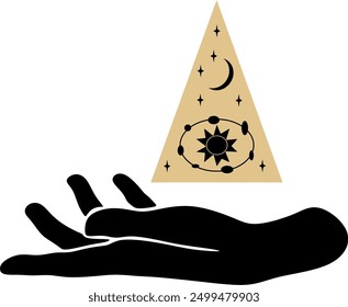 Mano mágica con estrellas. Estrellas celestiales y místicas para la marca de cosméticos de logotipo y productos de belleza. Elementos de diseño esotéricos y místicos. Ilustración vectorial dibujada a mano.
