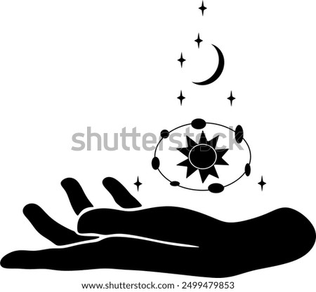 Magic hand with stars. Celestial and mystical stars for branding logo cosmetics and beauty products. Esoteric and mystical design elements.Hand drawn Vector illustration.