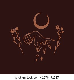 Magic hand with stars isolated vector illustration. Esoteric, occult, witchcraft woman hand, moon, flowers. print, poster, banner.