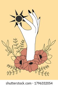 Magic hand with sunand flowers