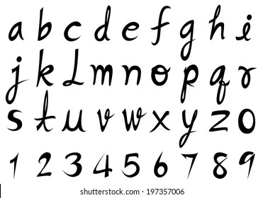 magic hand write of lowercase font, type font, typography and number, vector set