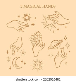 MAGIC HANDS Astrological Variations Symbol Set For Tarot Card Occult Esoteric Witchcraft Hand Drawn Alchemist Objects Halloween Sketch Design Collection
