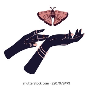 Manos mágicas con mariposa. Símbolos místicos celestiales. Elementos espirituales de boho con cristal, escarcha y mariposa y ojo. Silueta negra de brazos de mujer aislados en blanco. Ilustración del vector