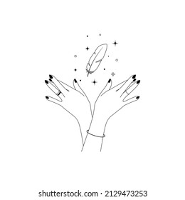 Magic hands with celestial bird feather in simple line art style. Esoteric and mystical symbol for branding or logo cosmetics and beauty products.Tarot reader. Doodle Vector illustration