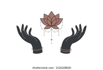 Magic hands with celestial lotus flower in boho style. Black and gold colored alchemy spiritual symbol for create branding name or logo. Esoteric and mystical design element. Vector illustration