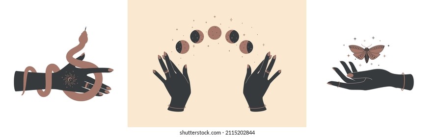 Magic hands with celestial mystical symbols. Spiritual boho logo, design elements with butterfly moth, snake and moon phases. Black silhouette of woman arms isolated on white. Vector illustration