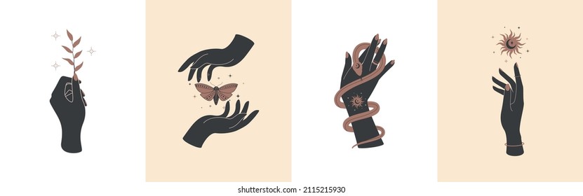 Manos mágicas con símbolos místicos celestiales. Elementos espirituales de boho con sol y nieve y mariposa y planta. Siluetas místicas esotéricas para brujería mágica. Ilustración del vector