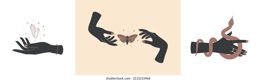 Manos mágicas con símbolos místicos celestiales. Elementos de boho espiritual con polilla de mariposa, cristales de serpiente y curación. Silueta negra de brazos de mujer aislados en blanco. Ilustración del vector