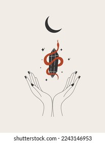 Magische Hände mit Himmelssymbolen. Spirituelle BHO-Elemente mit Kristall, Schlange und Mond. Schwarze Silhouette von Frauen Arme einzeln auf weiß. Vektorgrafik