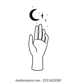 Magic hands with celestial mystical symbols. Female Hand with Crescent Moon and Stars. Esoteric mystical logo. Minimal geometric boho style. Spiritual concept. Design for wallpaper, wall decor, print