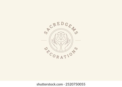 Manos mágicas con la gema de la media luna de cristal de la línea del círculo del diseño del logotipo del arte de la Ilustración vectorial de la Plantilla. Mítica armonía sagrada lunar con brillante logotipo lineal para el salón de bienestar de meditación de yoga relajación