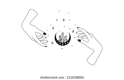 Magic hands with crescent moon and healing crystal in trendy boho line style. Outline alchemy esoteric and mystical symbol for branding or logo for cosmetics or beauty products. Vector illustration