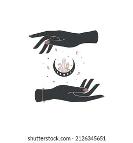 Magic hands with crescent moon with healing crystal in trendy boho style. Alchemy symbol for branding or logo for cosmetics or beauty products. Esoteric and mystical Vector illustration