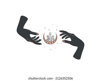 Magic hands with crescent moon with healing crystal in trendy boho style. Esoteric and mystical symbol for branding or logo for cosmetics or beauty products. Elegance Vector illustration