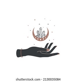 Magic hands with crescent moon with healing crystal in trendy boho style. Alchemy symbol for branding or logo for cosmetics or beauty products. Esoteric and mystical Vector illustration