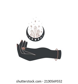 Magic hands with crescent moon with healing crystal in trendy boho style. Alchemy symbol for branding or logo for cosmetics or beauty products. Esoteric and mystical Vector illustration