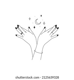 Manos mágicas con luna creciente en un estilo minimalista lineal de moda. Plantilla de diseño de logotipos e iconos para productos cosméticos o de belleza y nombre de marca de empaque. Ilustración del vector Doodle