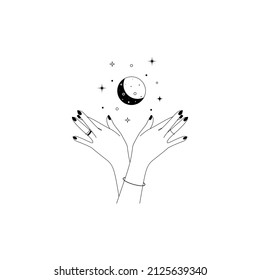 Magic hands with crescent moon in trendy linear style. Logo and icons design template for cosmetics or beauty products and packaging branding name. Doodle vector illustration