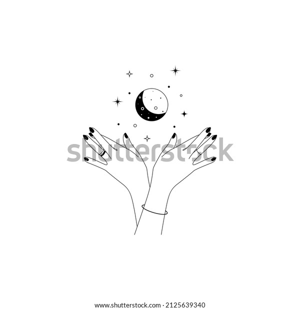 Magic hands\
with crescent moon in trendy linear style. Logo and icons design\
template for cosmetics or beauty products and packaging branding\
name. Doodle vector\
illustration