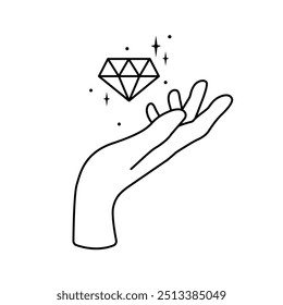 Manos mágicas con cristal en estilo minimalista lineal de moda. Logo para cosméticos o productos de belleza. Diamante en mano. Elementos de diseño esotéricos y místicos. Ilustración vectorial Doodle