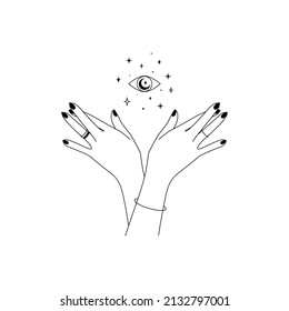 Magic hands with eye in in simple line art style. Esoteric and mystical Vision of Providence symbol for branding or logo cosmetics and beauty products.Tarot reader. Doodle Vector illustration