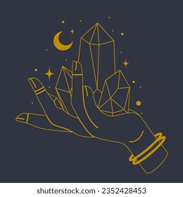 Magic hands with healing crystal in boho style. Branding or logo for cosmetics or beauty products.
