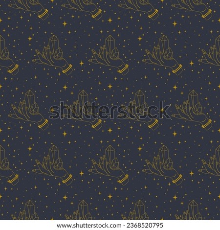 Magic hands with healing crystal seamless pattern. Vector Halloween illustration